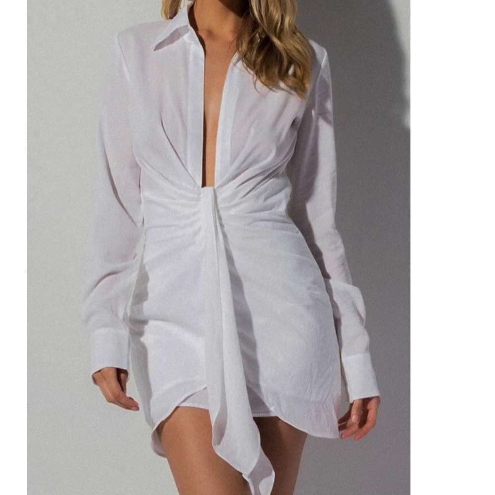 Choosy White Ruched Long Sleeve Mini Shirt Dress Plunging Neckline Size 2 NEW